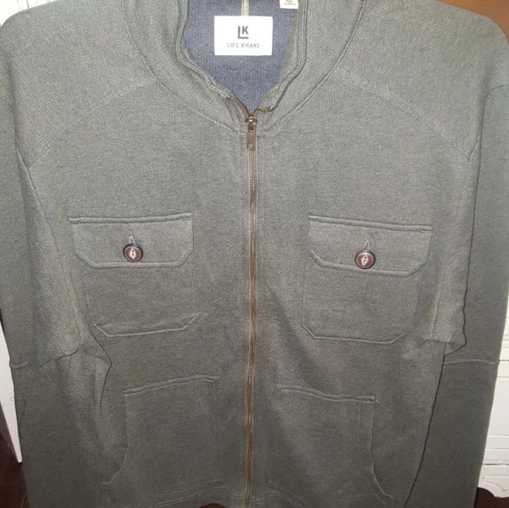 L green men's zip up cardigan Life Khaki